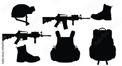 Military gear and weaponry arranged as a stark black silhouette