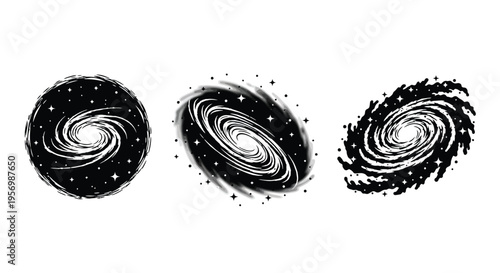 Three spiral galaxy illustrations with a dramatic black silhouette