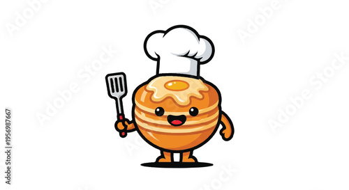 Cartoon pancake chef with spatula cooking illustration