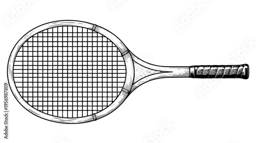 Tennis racket vector engraving style on white isolated background for court sport training design