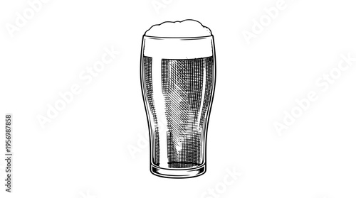Foamy beer glass vector engraving style on white isolated background for pub beverage menu design
