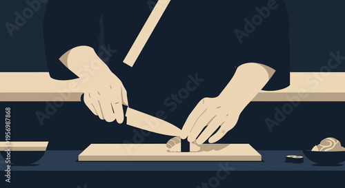 Professional Sushi Chef Cutting Fresh Nigiri on Wooden Board, Japanese Culinary Art Flat Illustration