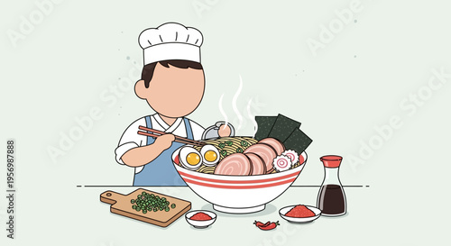 Chef Preparing a Large Bowl of Delicious Japanese Ramen Noodle Soup with Toppings Illustration