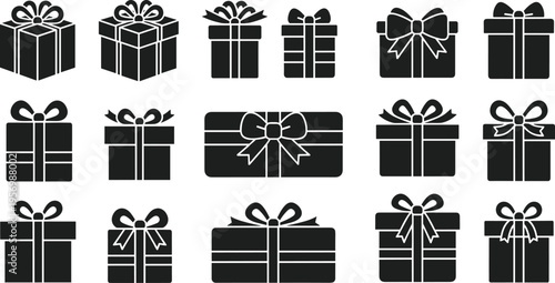 Gift Box Silhouette Icon Set with Ribbon and Bow, Present Package Collection for Birthday, Christmas, Holiday Celebration, and Surprise Event Design Elements