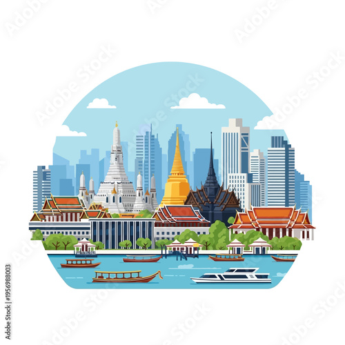 Bangkok Skyline Flat Design: Wat Arun, Chao Phraya River, Boats & Modern Cityscape