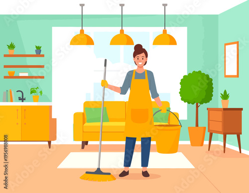 Smiling woman in yellow apron and gloves cleaning a bright living room with a mop and bucket.
