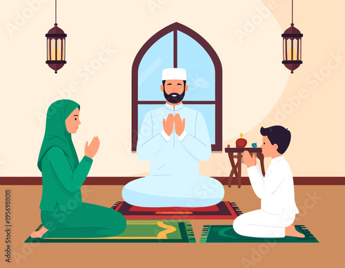 Muslim family praying together at home, father, mother, and son performing salah on prayer mats.