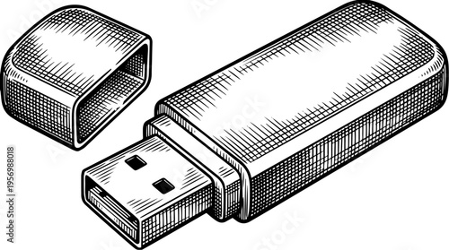 USB flash drive vector engraving style on white isolated background for portable data storage design