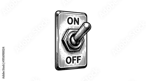 On off toggle switch vector engraving style on white isolated background for electrical control panel design