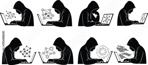 Hacker Silhouette Icon Set with Laptop and Digital Network Elements, Cyber Security, Data Breach, Programming, Anonymous User, and Technology Concept Illustrations