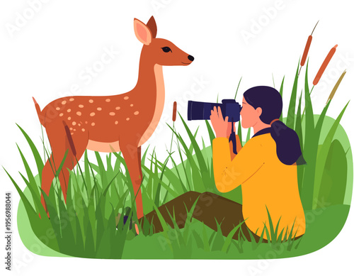 A woman hidden in tall grass taking a photograph of a spotted fawn in a natural outdoor environment.