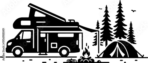 Vector illustration of camper van and tent in forest