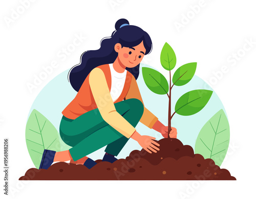 A young woman with dark hair is carefully planting a small green sapling into a mound of rich brown soil, demonstrating environmental care and gardening.