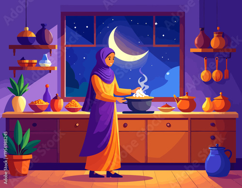 A woman in a hijab cooks in a cozy kitchen at night with a crescent moon visible through the window.