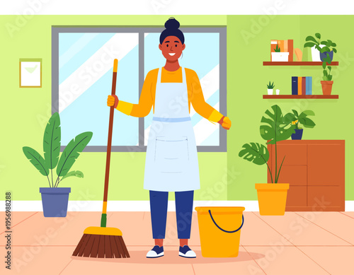 Smiling woman cleaning a room with a broom and bucket, surrounded by plants and a window.