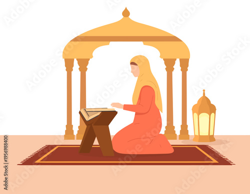 Muslim woman in hijab reading the Quran inside a beautiful mosque with golden light, Islamic spiritual devotion and religious study flat vector illustration.