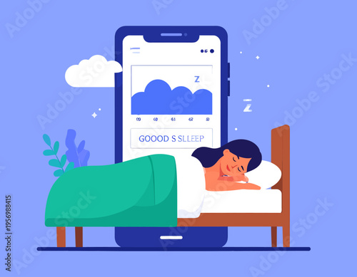 Woman sleeping peacefully in bed with a mobile sleep tracker app on smartphone, technology for health monitoring and wellness sleep cycle flat vector illustration.