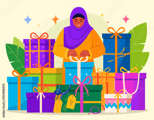 A woman in a hijab surrounded by numerous colorful gift boxes, happily opening one, symbolizing celebration and generosity.