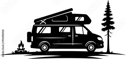 Vector silhouette of camper van with tent on top