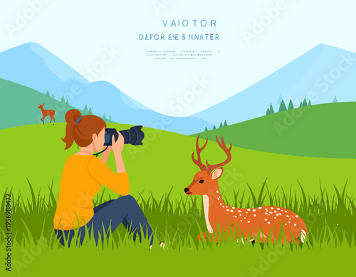 Woman photographer capturing a beautiful spotted deer in a lush green meadow with mountains in the background.