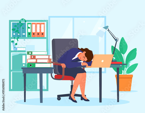 Exhausted business woman sleeping on office desk with laptop and books, corporate burnout, fatigue from overwork and work-life balance issues flat vector illustration.