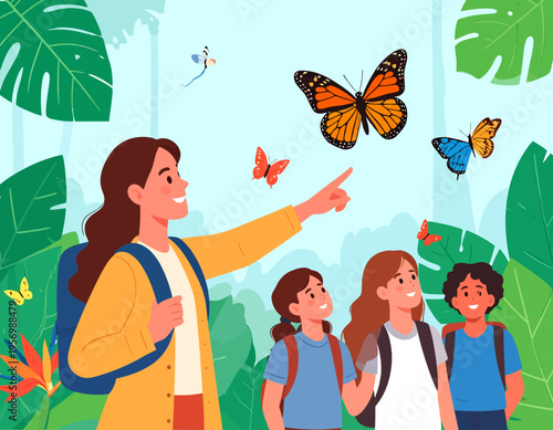 An adult guide points at a large monarch butterfly while three children watch during a nature walk in a lush green forest.