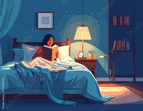 A person comfortably reading a book in bed at night, illuminated by a warm bedside lamp.