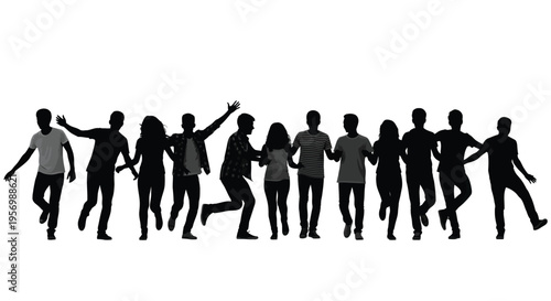 Group of people jumping and celebrating together black silhouette high quality