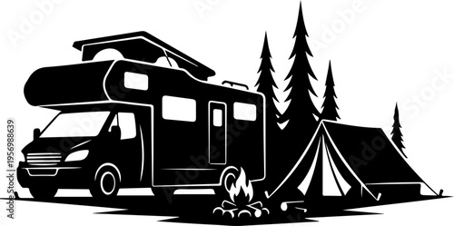 Vector illustration of camper van and tent in forest