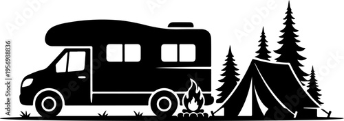 Vector illustration of camper van and tent in forest
