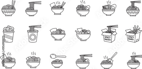 Ramen Bowls and Asian Noodle Soup Line Art Icons Set