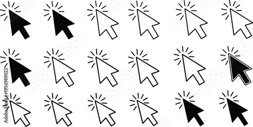 Mouse Cursor Click Icon Set with Arrow Pointer and Clicking Effect Symbols for User Interface, Web Navigation, Digital Interaction, and UI Design Elements