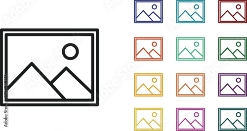 Photo Gallery Icon Set with Image Placeholder Frames and Landscape Symbols in Multiple Colors for UI Design, Media Upload, and Web Interface Elements
