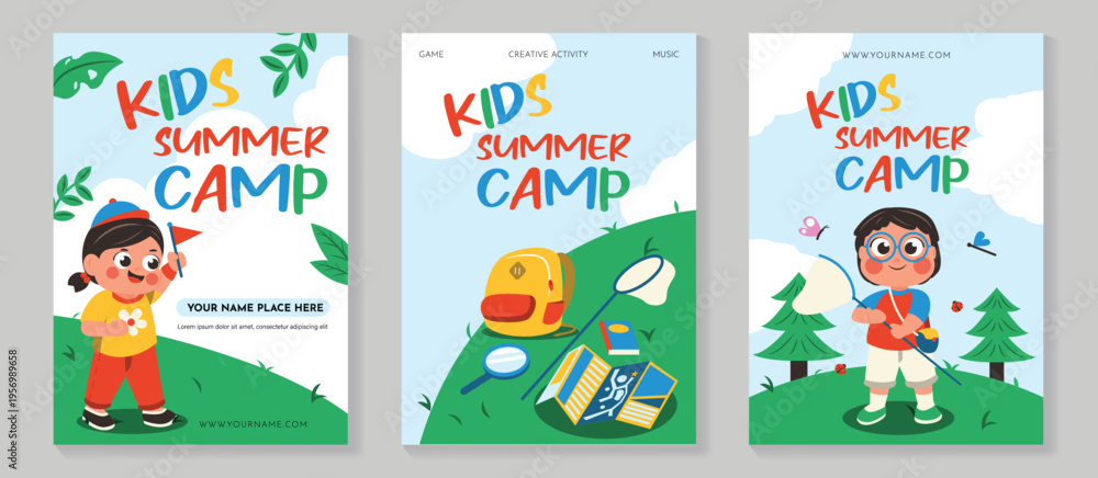 Fototapeta premium Kids summer camp vector poster set with game, creative activity, and music theme. Outdoor adventure flyer collection with child explorer, backpack, magnifier, butterfly net and map.