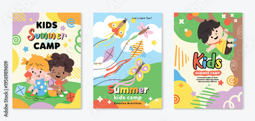 Kids summer camp vector poster set with children playing, kite flying, creative activities, and kids fest theme. Colorful outdoor holiday flyer collection for fun camp event and children workshop.