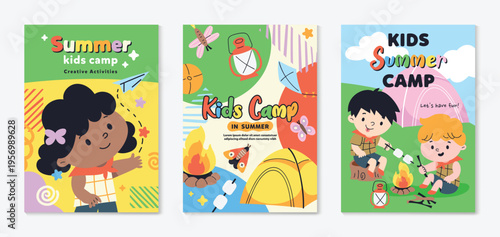 Kids summer camp vector poster set with children playing, kite flying, creative activities, and kids fest theme. Colorful outdoor holiday flyer collection for fun camp event and children workshop.