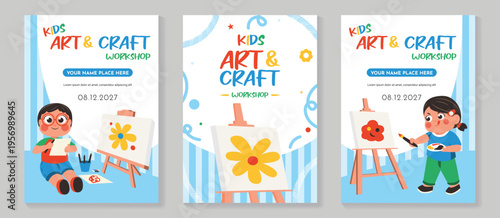 Kids art and craft workshop vector poster set with flower painting activity, creative classroom project, and children art lesson design. Cute colorful education flyer collection.