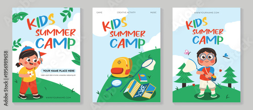 Kids summer camp vector poster set with game, creative activity, and music theme. Outdoor adventure flyer collection with child explorer, backpack, magnifier, butterfly net and map.
