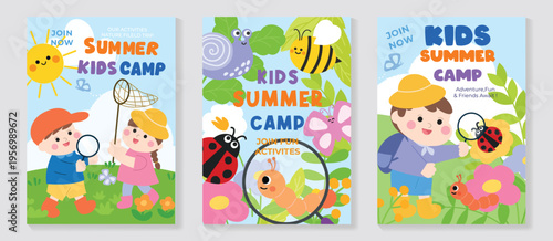 Kids summer camp vector poster set with nature field trip, insect exploration, and fun outdoor activities. Colorful creative workshop collection for children with adventure and friends theme.