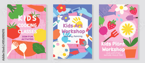 Kids activity workshop poster set vector with cooking classes, art workshop, and plant workshop themes. Colorful creative education collection for children with fun learning activities.
