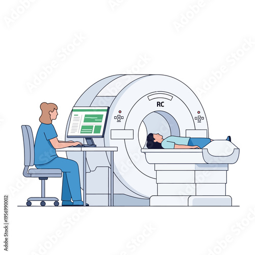 Doctor Operating MRI Scanner for Patient Examination in Modern Medical Clinic