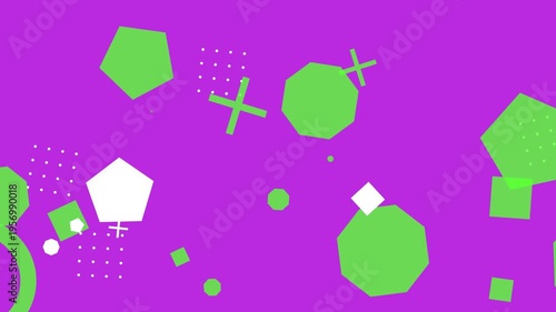 Animated background with colorful hipster memphis style geometric shapes on purple