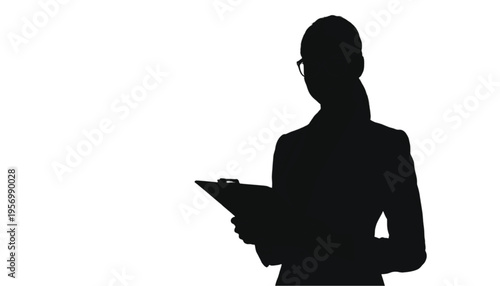 Businesswoman silhouette wearing glasses and a jacket stands ready to take notes on a pad.