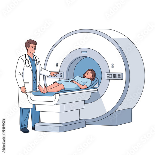 Doctor Operating MRI Scanner for Patient Inside Medical Machine