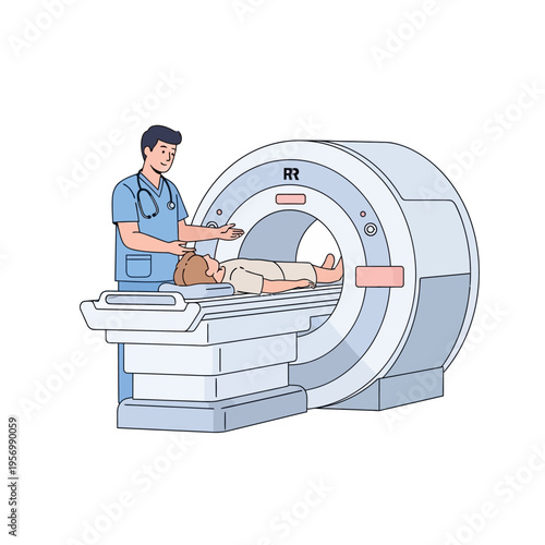 Doctor operating MRI scanner with patient lying down, medical technology illustration