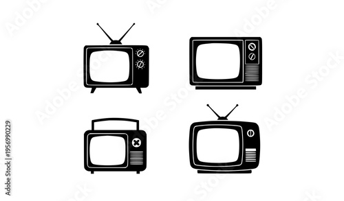 Vintage television icon vector set in silhouette style for retro electronics illustration