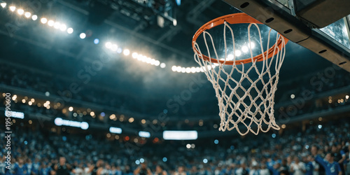 Basketball hoop under stadium lights capturing professional sports atmosphere competition and dynamic game environment