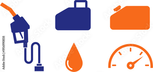Collection of fuel and automotive related icons including a pump, cans, drop, and gauge.