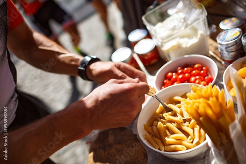 Athlete eating penne pasta for energy and nutrition during an outdoor sport event