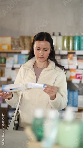 Attentive middle-aged woman customer choosing ointment in box in chemistry. High quality 4k footage